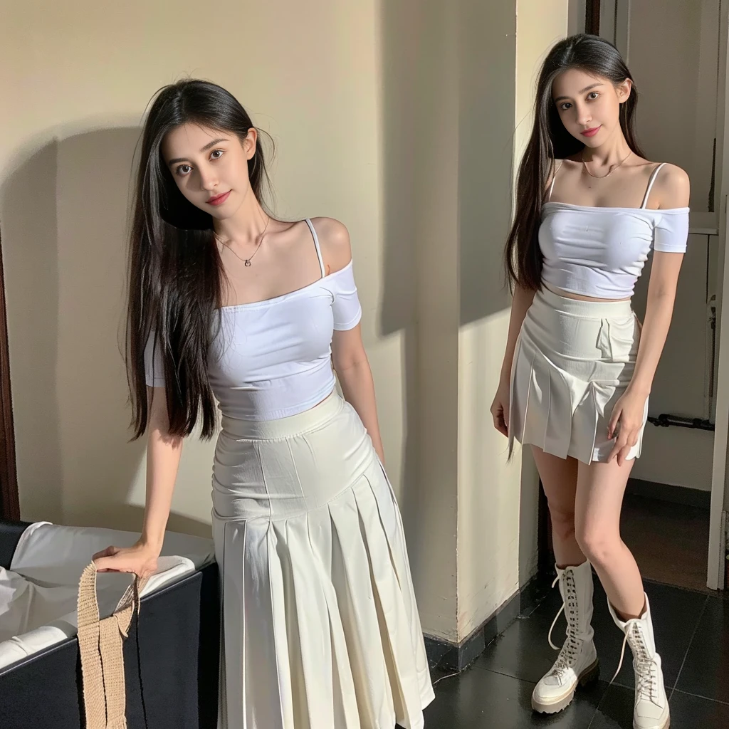  (Oversized T-shirt with excess fabric when tucked into a skirt), (white strapless shirt), (Skirt full thigh), (knee-length outfit),  ((full-body standing image)), (cotton spaghetti-strap top), (Scottish pleated midi skirt), (black midi skirt),  (white sneakers), (a pair of white leather boots, highly detailed boots),  (32K,1 20-year-old girl, The light from the rear room is backlit, Ray traching), 