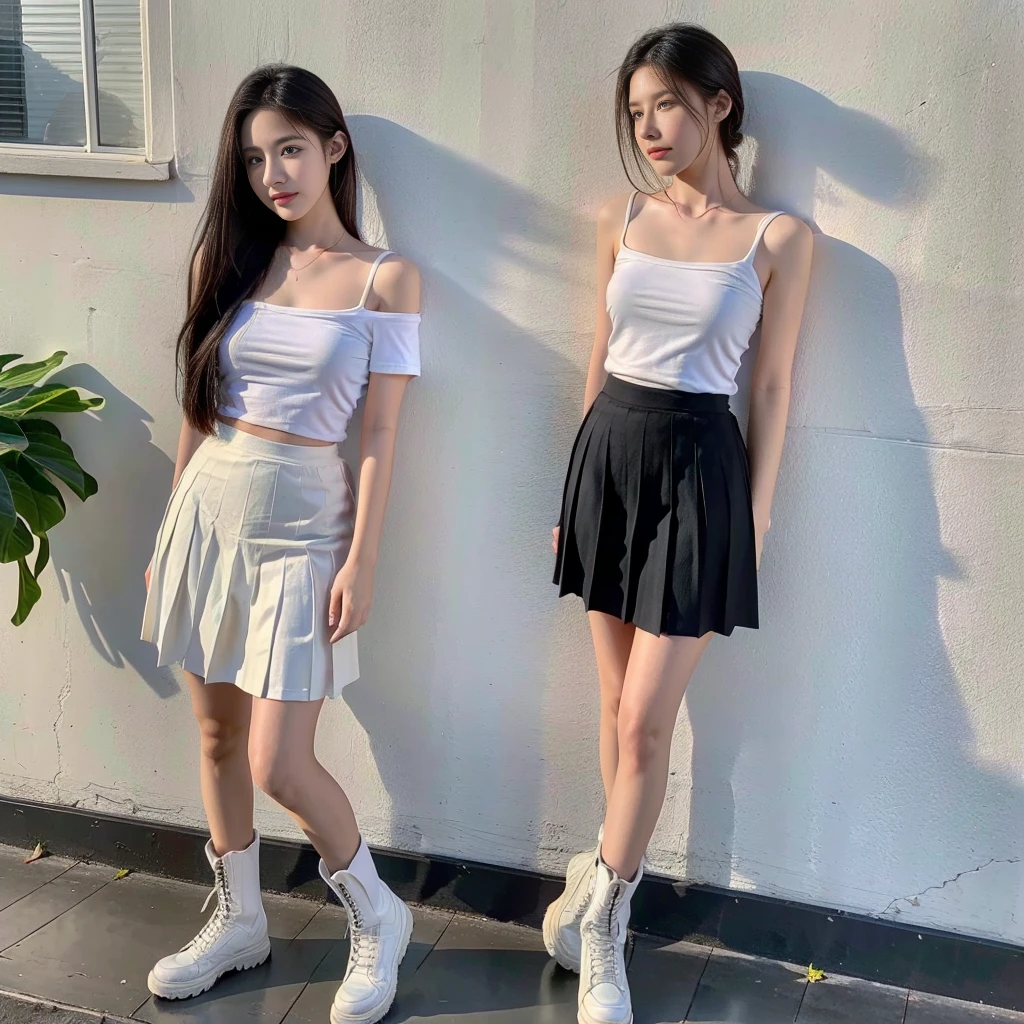 (Oversized T-shirt with excess fabric when tucked into a skirt), (white strapless shirt), (Skirt full thigh), (knee-length outfit), ((full-body standing image)), (cotton spaghetti-strap top), (Scottish pleated midi skirt), (black midi skirt), (white sneakers), (a pair of white leather boots, highly detailed boots), (32K,1 20-year-old girl, The light from the rear room is backlit, Ray traching),