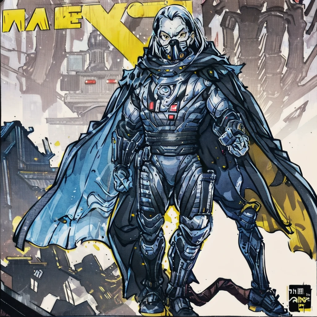 1boy, darth malgus, angry, yellow eyes, respirator mask, carbon fibre armor, cape, full body, (high contrast, official art, extreme detailed, highest detailed),