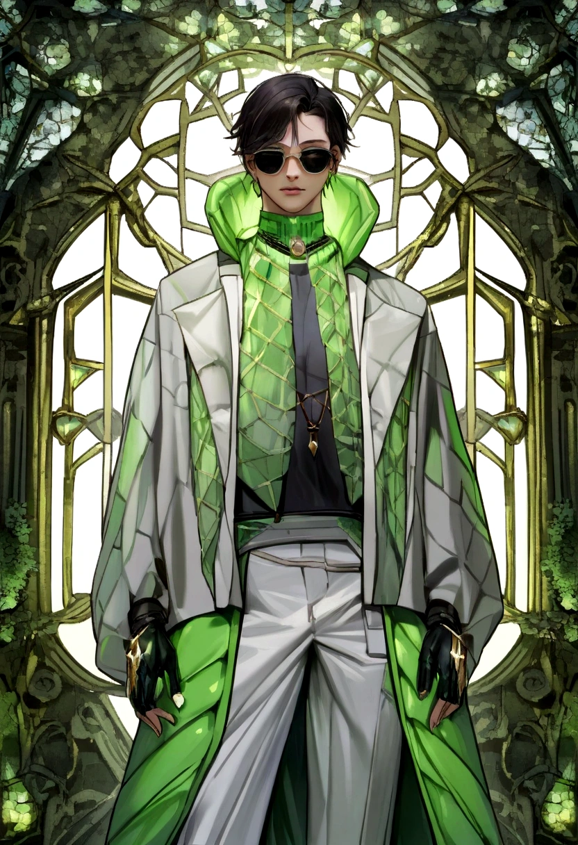 "Portrays a man in a full-length photograph in street clothes that is mainly inspired by artificial intelligence.. The man wears baggy white pants with rough textures, A long winter bag in asymmetrical green with transparencies, Criando um conjunto singular."
Na foto, Um homem pode ser visto no meio de uma paisagem urbana futurista. His baggy white pants have a rough texture that gives him an avant-garde look.. They are designed in an elegant way, but also functional, with subtle details that suggest the influence of artificial intelligence in its creation.
O Saco Longo de Inverno, de um verde deslumbrante, stands out as the centerpiece of your look. Its asymmetrical design and transparencies strategically located throughout the bag give it a futuristic and technological look.. Transparencies reveal an inner layer of silver fabric that glows in soft light, Recording in the light of computer screens.
Man uses minimalist accessories, like metal-rimmed sunglasses and a smartwatch with a sleek design. Her hair is precisely styled and her look reflects confidence and sophistication.
Como um todo, This man embodies the fusion between contemporary fashion and the influence of artificial intelligence on clothing design. Your look shows a unique combination of textures, Colors and transparencies that make it stand out amidst the modernity of the city of the future.