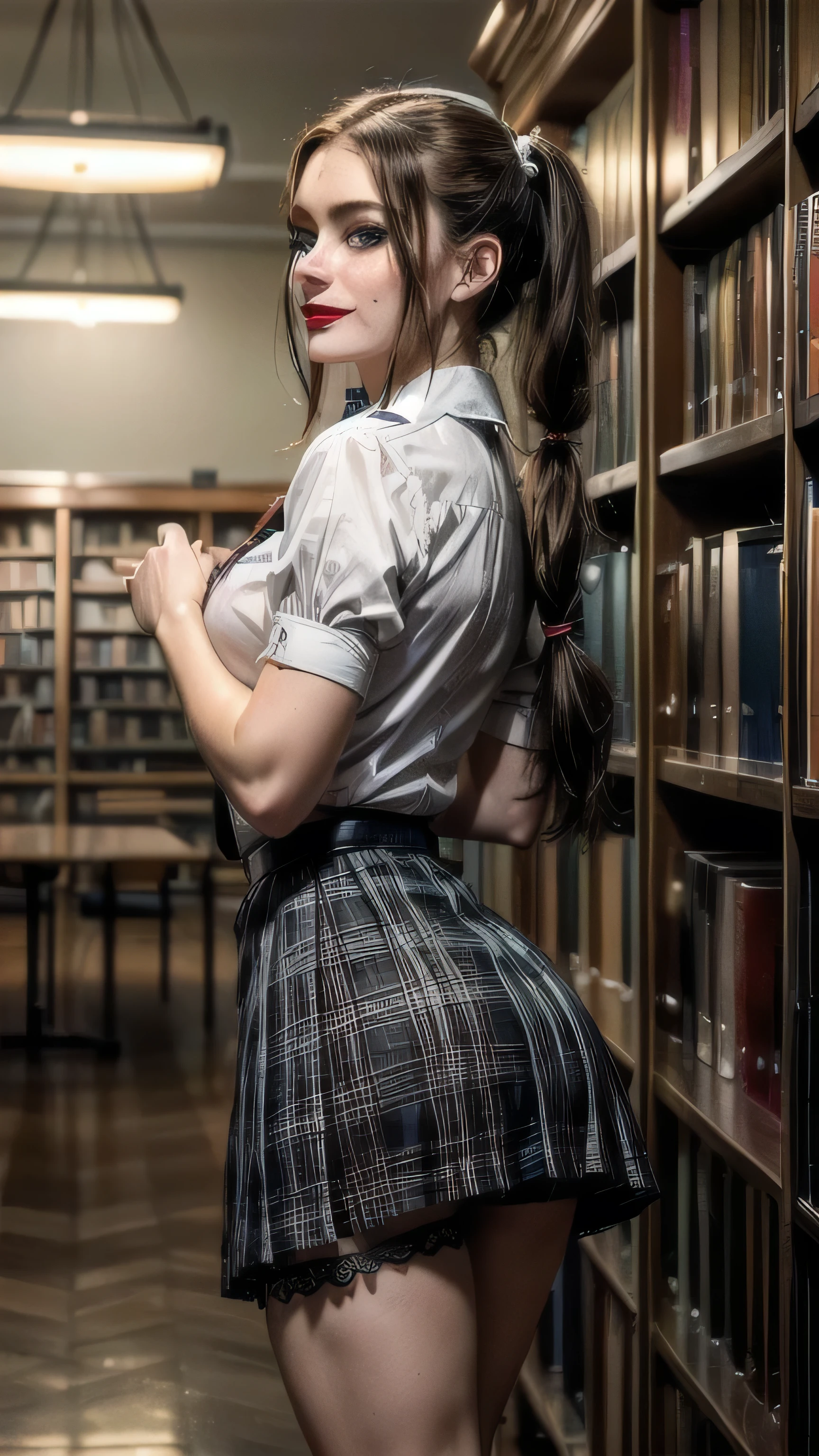 ((masterpiece, extremely intricate:1.3, photorealistic:1.4)), ((photon mapping, radiosity, physically based rendering, ultra resolution, hyper-realistic, 8K, ((film grain)), sharp focus, dramatic, award winning, cinematic, ((closeup dtx)))), 1girl solo athletic female, 24 years old, ((((white men's dress shirt, long pigtails [black hair:bright ginger hair:0.8], portrait), duster, lace garter, solo female, moist humid, smiling red lipstick, Makeup:1.5, nineteen, college, supermodel))), metal reflections, indoors, golden hour, professional photograph of a stunning girl detailed, sharp focus, dramatic, award winning, (((film grain, bokeh, interaction))), (((standing in a seductive pose in a library))), (([skin detail:freckles:0.7])), fujicolor, BREAK blue eyes, ((((schoolgirl outfit))))
