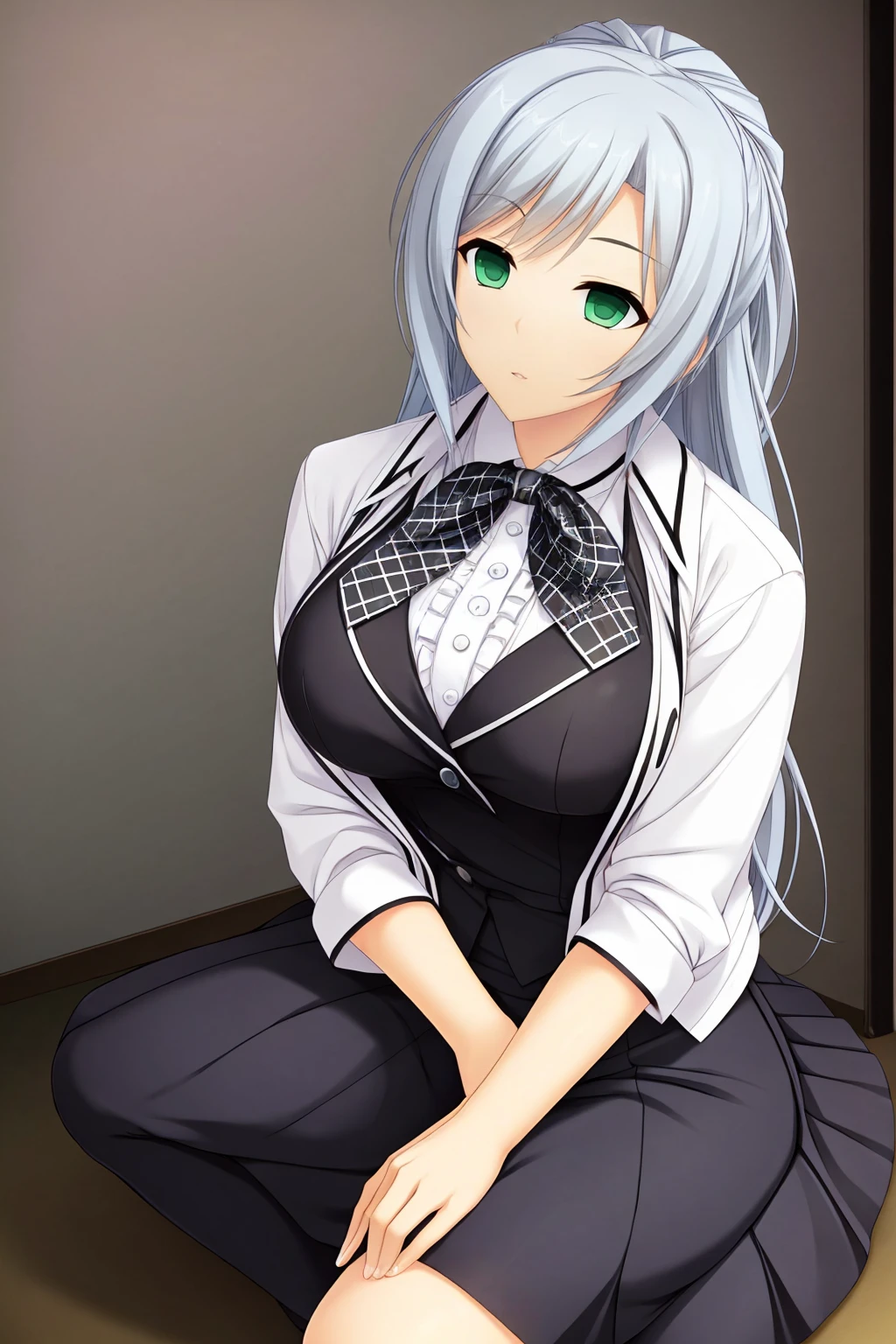 Ultra HD、Ultra-high resolution、8k,silver-hair,long-hair,silver-hair,green-eyes,dark-makeup,big-breast,白いFrilled shirt、Frilled shirt、black-ribbon-skirt,big-breast,older sister、Braided Hair,whole body,all-body,whole body