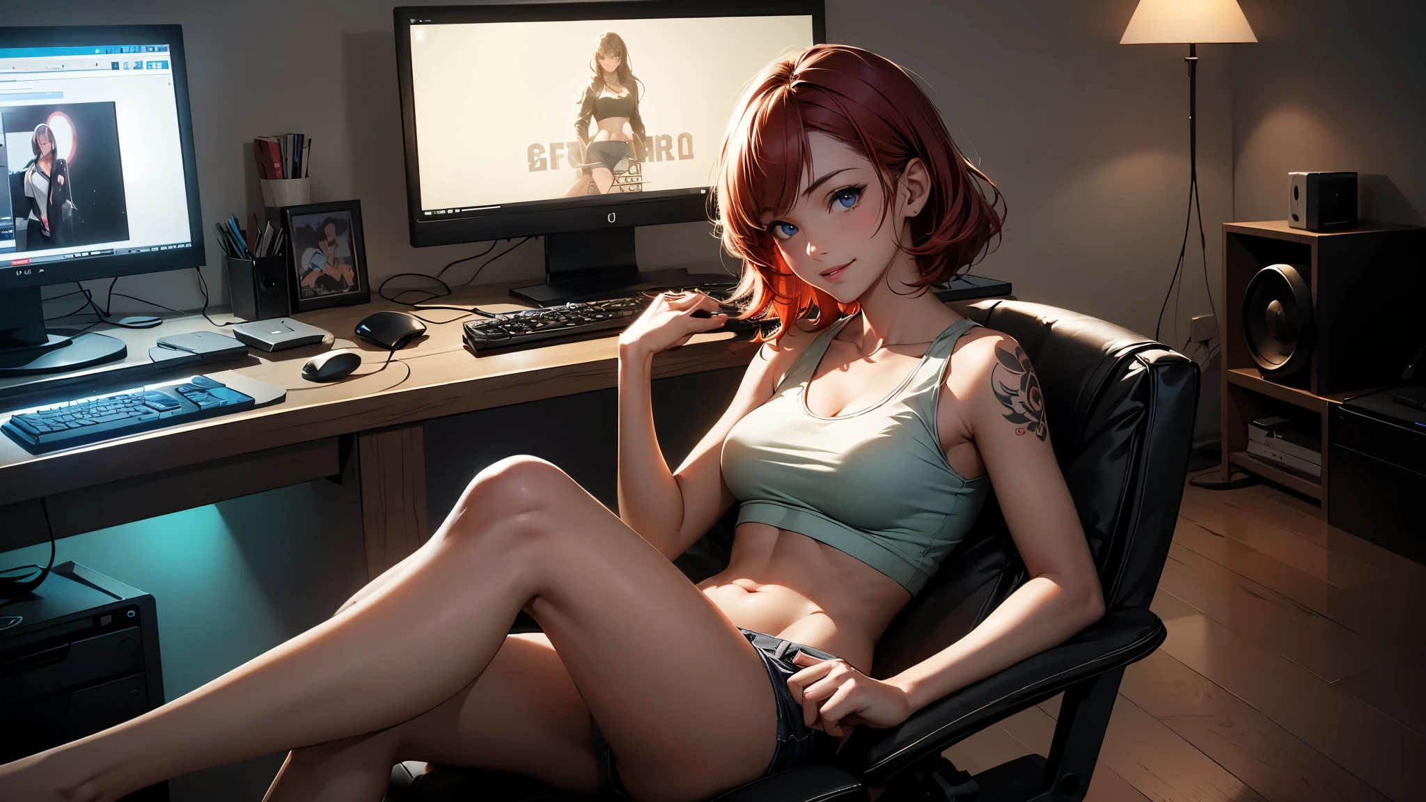 Create a high-quality, detailed image of a beautiful, sexy anime lofi girl with short, red hair, bright blue eyes, and a smile, sitting at her gaming PC in a cozy lounge. She has tattoos and wears a tank top and shorts, showing her shoulder and midriff, highlighting her stunning curves and toned body. The warm, inviting scene includes soft ambient lighting, comfortable seating, and a high-end PC setup with multiple monitors and RGB lighting. The setting is illuminated by a small lamp, creating a serene and intimate atmosphere (HIGH QUALITY)
