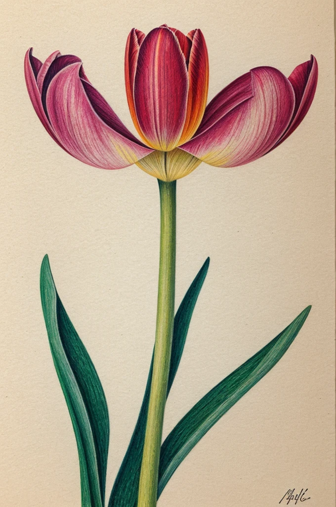 Drawing of a tulip flower made in colored pencil where it has the following elements :movimiento, textura, equilibrio y contraste complementario 