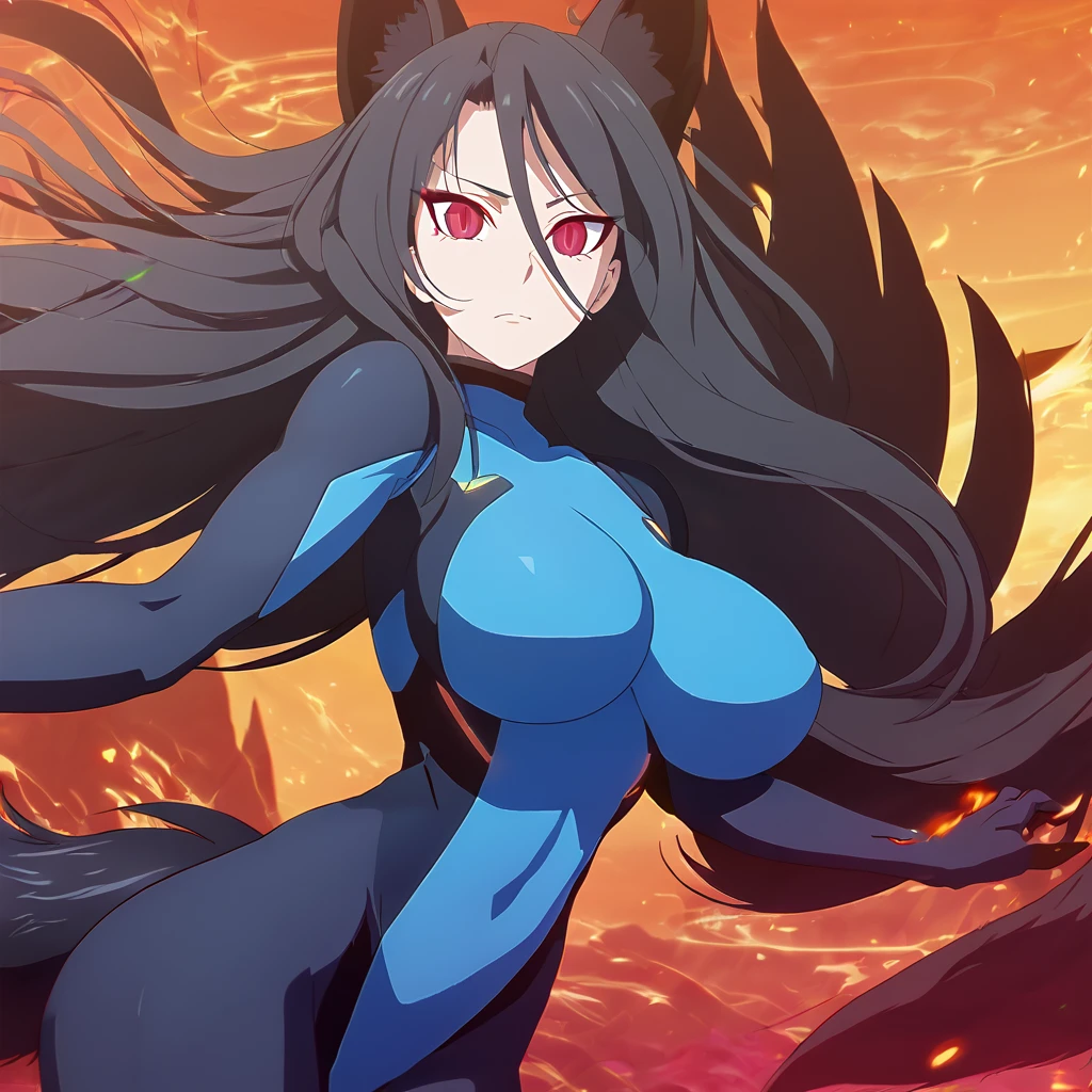 a beautiful detailed black kitsune girl, long black kitsune ears, multiple black kitsune tails, red and black zero suit, 8k, anime style, red eyes, big breasts, extremely detailed eyes and face, ultra-detailed, 4k, high quality, vibrant colors, long black hair, mature woman, wide waist