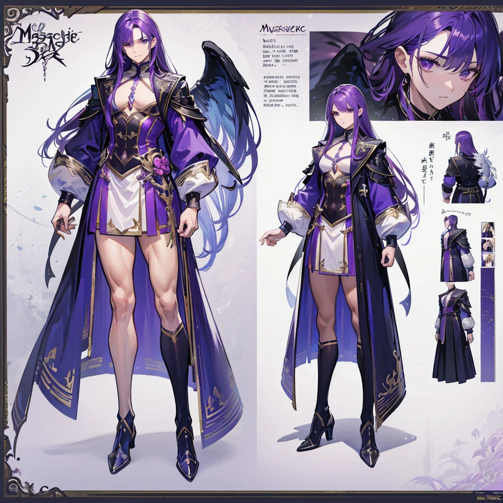 (Masterpiece, best quality), detailed, 1 man, ((character concept art)), ((character design sheet, same character, front, side, back)), full body, body complete, 1 Male, 1 Man, Detailed face, character design sheet,full bodyesbian, Highly detailed, character sheet, character design, Many parts, dark skin, angel wings, long purple hair, angel outfit, muscle male god, male clothes, masculine, muscle man, male muscle, manly, male angel, Muscle male with purple long hair,beautiful man