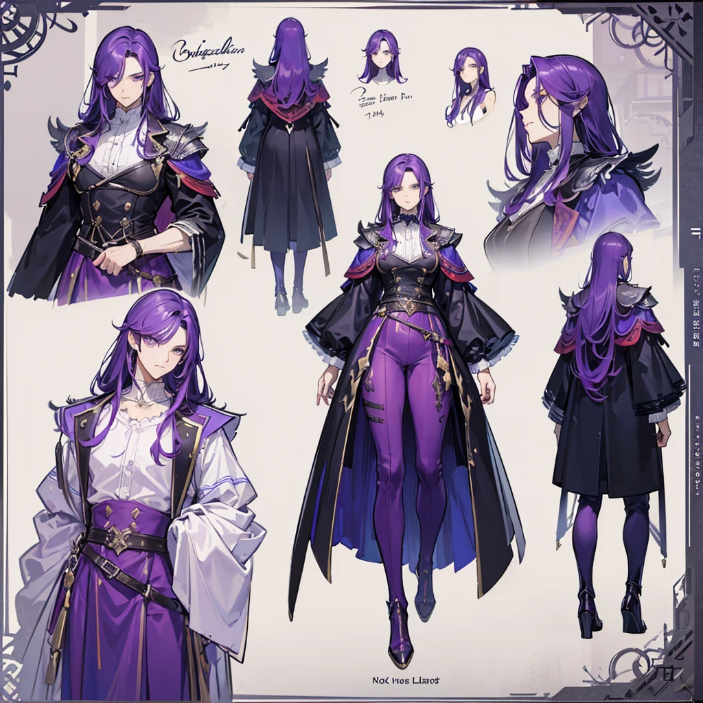 (Masterpiece, best quality), detailed, 1 man, ((character concept art)), ((character design sheet, same character, front, side, back)), full body, body complete, 1 Male, 1 Man, Detailed face, character design sheet,full bodyesbian, Highly detailed, character sheet, character design, Many parts, dark skin, angel wings, long purple hair, angel outfit, muscle male god, male clothes, masculine, muscle man, male muscle, manly, male angel, Muscle male with purple long hair,beautiful man