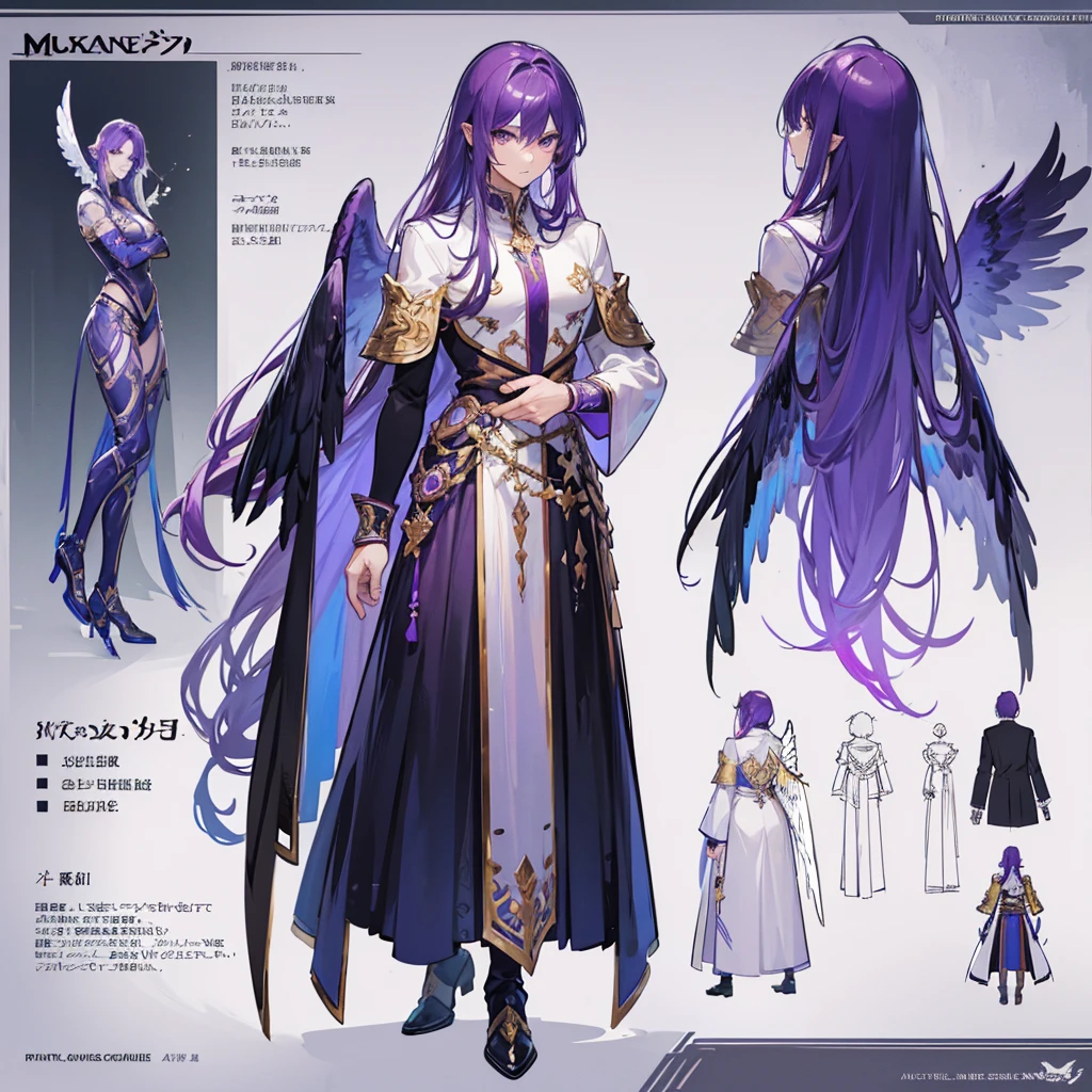 (Masterpiece, best quality), detailed, 1 man, ((character concept art)), ((character design sheet, same character, front, side, back)), full body, body complete, 1 Male, 1 Man, Detailed face, character design sheet,full bodyesbian, Highly detailed, character sheet, character design, Many parts, dark skin, angel wings, long purple hair, angel outfit, muscle male god, male clothes, masculine, muscle man, male muscle, manly, male angel, Muscle male with purple long hair,beautiful man