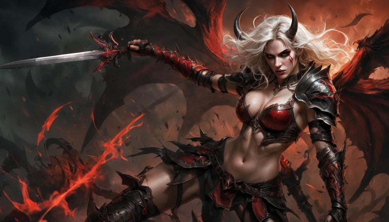 Illustrate a stunning movie poster for an epic fantasy trailer featuring Callizto, a night elf demon hunter. She is depicted with a fierce expression,White long hair, Black demon horns, red demon wings, her green eyes piercing through the darkness. large breast:1.8, cleavage, temptation, seduction, eat your soul, seduction, She wears a sexy ornate, Black and red leather armor with a demonic influence, holding two blazing swords crossed in front of her. The backdrop is a war-torn battlefield under a blood-red sky, with demonic creatures emerging from the shadows. Highlight her as the central figure with a dark, magical glow surrounding her.
