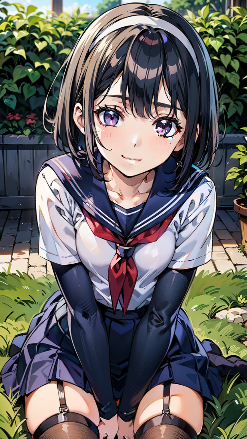 sailor uniform, One Woman, (A beauty woman, Delicate high school girl:1.3), 8K, highest quality, masterpiece, Very detailed, Ultra-high resolution, Realistic, RAW Photos, Absolute Resolution, Black Hair, Bobcut, Small face compared to body, Very small face, Black Hair, ((Navy blue sailor suit)), Navy Blue Skirt, High school girl in sailor suit, 2D Rendering of Anime, ((White headband)), Small breasts, tall, Slanted Eyes, Purple Eyes, Black Stockings, garter belt, Embarrassed smile, garden, (Thinking pose:1.3), (Top-down position:1.3), blurry background,