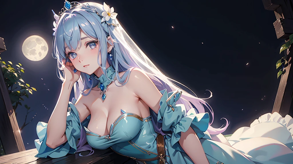 A princess with a delicate and beautiful face, large eyes, and translucent skin is looking up at the moon from a castle, enchantingly dressed in a traditional and glamorous medieval European dress and wearing a large hair ornament. A gentle, warm light surrounds the princess. The background is filled with soft out-of-focus light, and the pale blue and purple tones create a dreamy, serene, and enchanting atmosphere. Fireflies glowing in the moonlit night surround the princess, adding to the magical and ethereal atmosphere. Emphasis on the armpit and clavicle