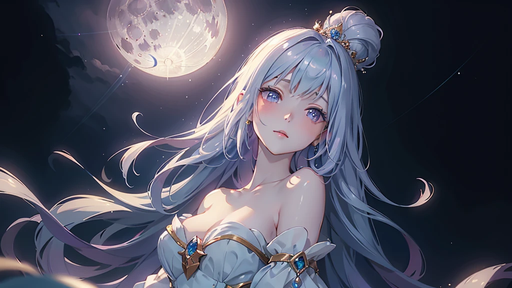 A princess with a delicate and beautiful face, large eyes, and translucent skin is looking up at the moon from a castle, enchantingly dressed in a traditional and glamorous medieval European dress and wearing a large hair ornament. A gentle, warm light surrounds the princess. The background is filled with soft out-of-focus light, and the pale blue and purple tones create a dreamy, serene, and enchanting atmosphere. Fireflies glowing in the moonlit night surround the princess, adding to the magical and ethereal atmosphere. Emphasis on the armpit and clavicle