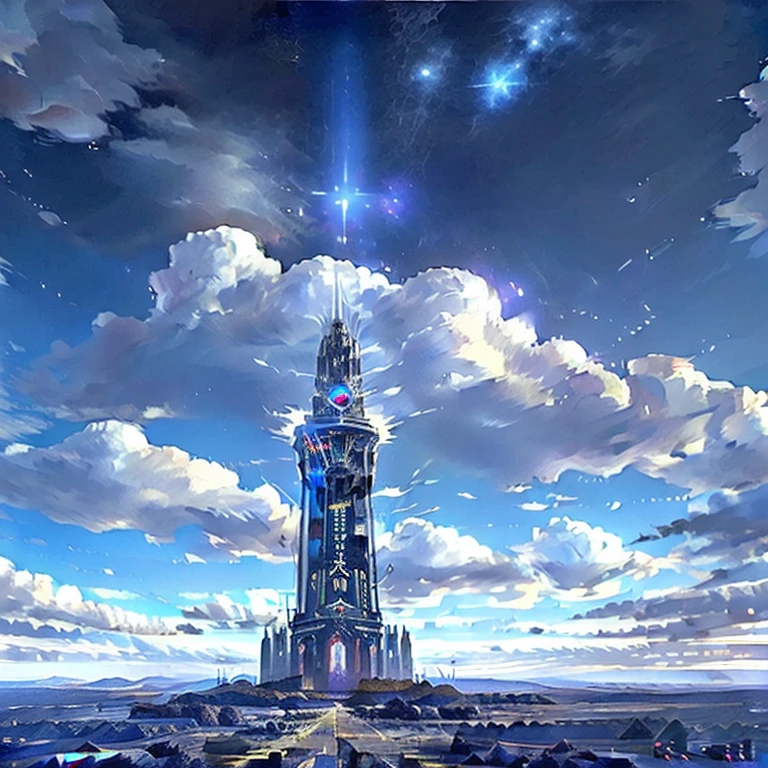 A futuristic tower in the center of the painting　Fantastic sky　A sky somewhere between the night sky and the morning sky　Piercing the clouds　The scenery I looked up at　A ruined world　high resolution　Very simple　I don&#39;t draw many people