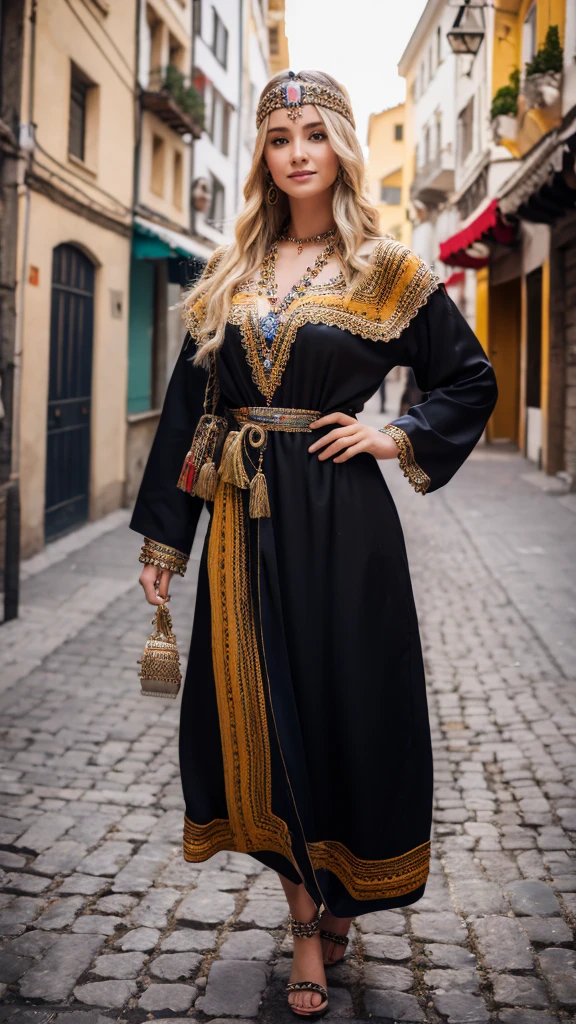 Most beautiful german blonde lady, wearing kabyle robe, kabyledress, amazigh, berber, kabyleoitfits, bijoux, street background, realistic,4k, professional, black