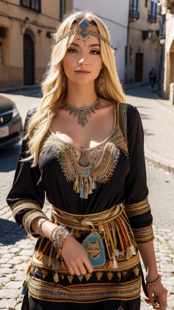 Most beautiful german blonde lady, wearing kabyle robe, kabyledress, amazigh, berber, kabyleoitfits, bijoux, street background, realistic,4k, professional, black