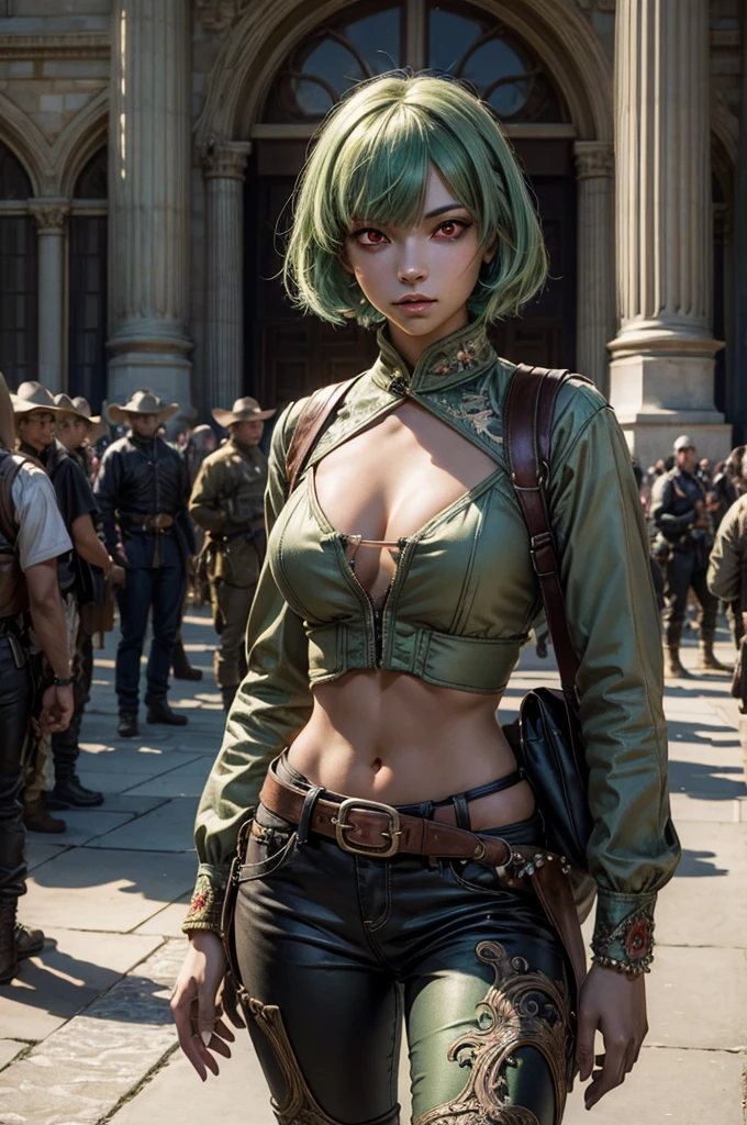 emeraldsustrai, emerald sustrai, short hair, (red eyes:1.5), green hair, dark skin, dark-skinned female, BREAK navel, cleavage, midriff, belt, cleavage cutout, chaps, hand on hip, BREAK outside palace, floor, marble pillars, tall stained glass windows, BREAK courtyard, large crowd, (((crowd in military dress))), (volumetric lighting),  intricate details, tonemapping, sharp focus, hyper detailed, (cowboy shot:1.5), BREAK (masterpiece:1.2), best quality, high resolution, unity 8k wallpaper, (illustration:0.8), (beautiful detailed eyes:1.6), extremely detailed face, perfect lighting, extremely detailed CG, (perfect hands, perfect anatomy),