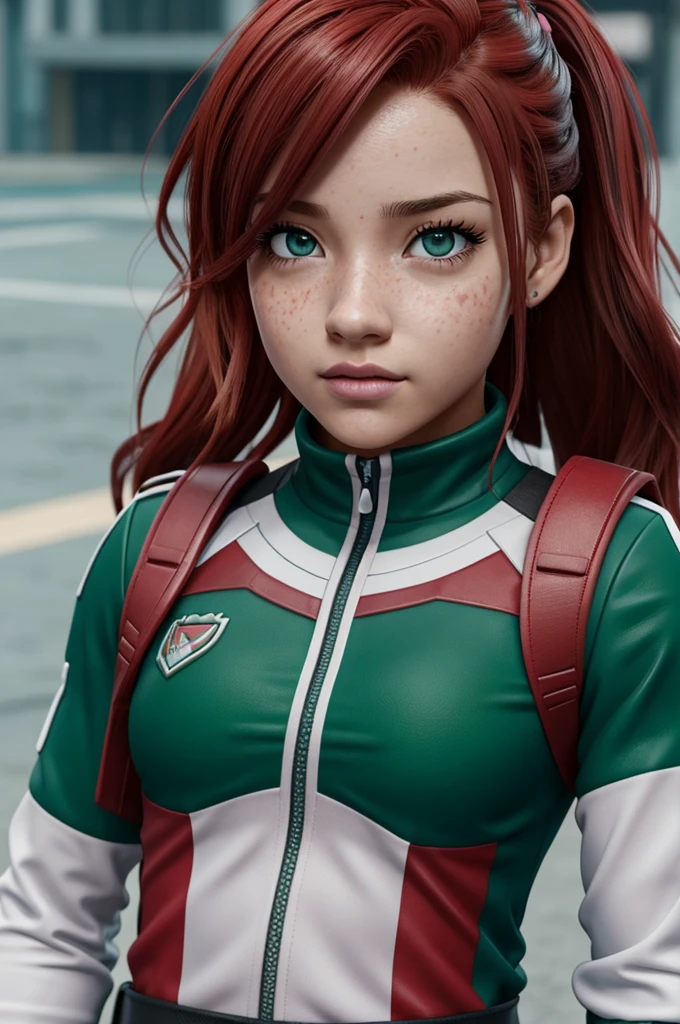 Captura de pantalla mi hero academia.
Chica pelirroja con pecas, ojos color verde agua, labios rosas, uniforme de la UA.