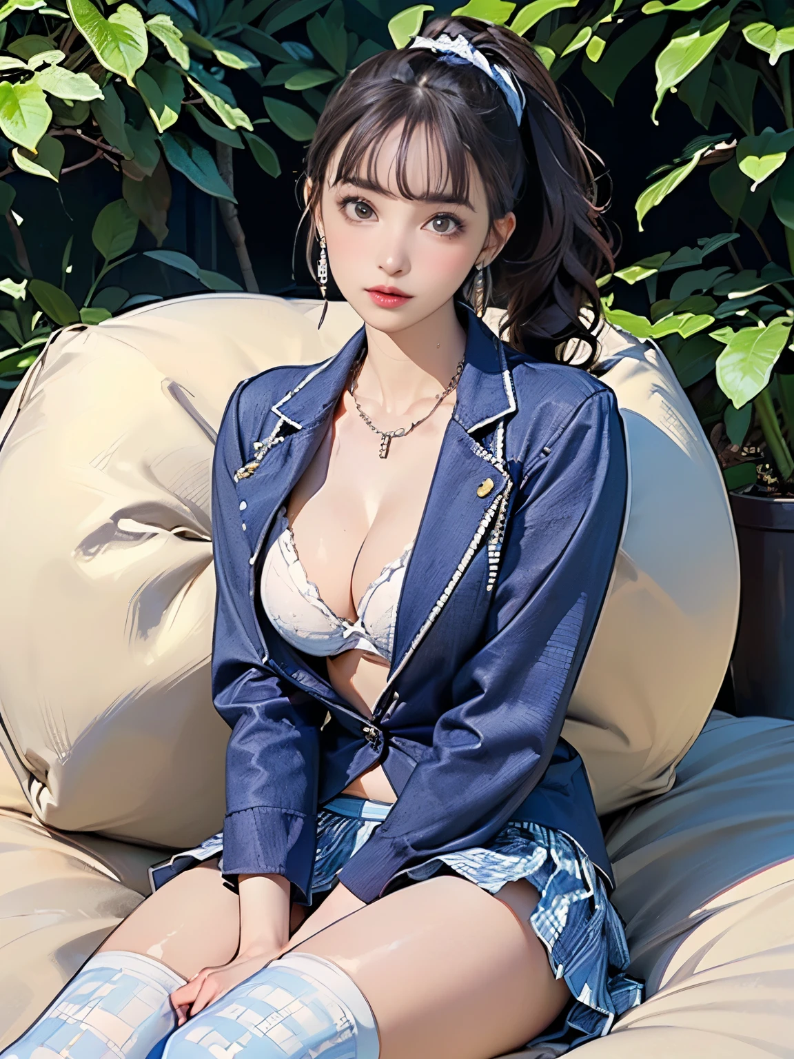 ((((Highest quality))))、(((Ultra-precision CG16K wallpaper)))、(((masterpiece)))、(((Super detailed)))、(((Extreme detail)))、((1Mature 29 year old woman:1.6))、((Very beautiful Japan face of a person))、((Urizane Face:1.6))、((Soft wavy medium ponytail hair、blunt bangs:1.8))、(Shiny brown hair)、A delicately drawn beautiful face、Dark Eyes、High nose、Small nostrils、Small Mouth、Seductive lips、Beautiful breasts、((C cup size breasts))、Beautiful feet、eight-headed body、Perfect proportions、Perfect Anatomy、Perfect composition、Beautiful detailed shading、Beautiful, natural lighting、Beautiful detail glow、Depth of written boundary、(((High chroma)))、(((Real:1.9)))、((vivid:1.5))、((Beautiful Skin))、((Skin Texture))、((Realな皮膚感))、(((Cowboy Shot:1.6)))、((front view、shoot from front、front low angle:1.6))、(((Half-open mouth、Surprised face:1.3)))、((The woman is looking at this、looking at viewer:1.6))、Bright daylight、Natural light、(((background_living、Foliage plant:1.4)))、(Gravure idol sitting pose:1.6)、(((Marine blue blazer&White bikini bra&Gingham check pattern pleated mini skirt:1.6)))、((Scrunchie Ribbon、necklace、Wearing earrings:1.5))、((Knee socks clothing))、(((The woman is sitting on a beanbag:1.6)))、