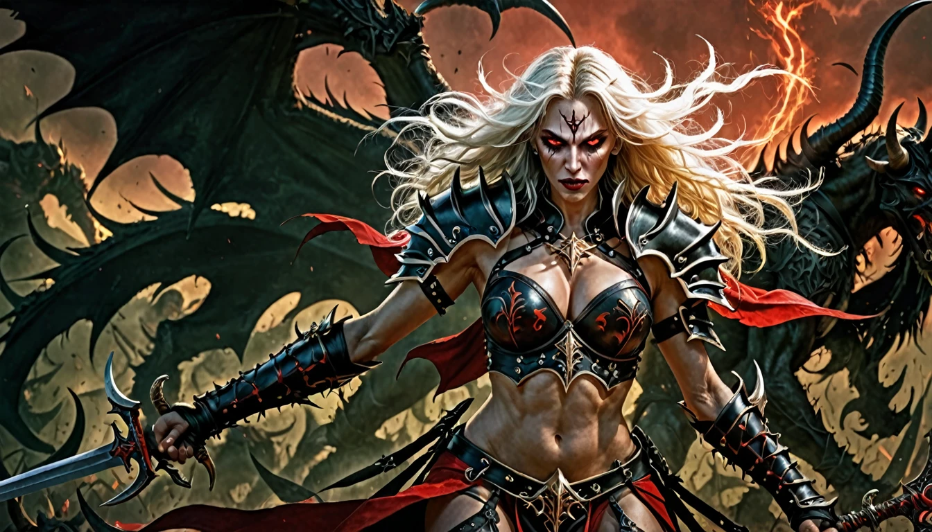 Illustrate a stunning movie poster for an epic fantasy trailer featuring Callizto, a night elf demon hunter. She is depicted with a fierce expression,White long hair, Black demon horns, red demon wings, her green eyes piercing through the darkness. large breast:1.8, cleavage, temptation, seduction, eat your soul, seduction, She wears a sexy ornate, Black and red leather armor with a demonic influence, holding two blazing swords crossed in front of her. The backdrop is a war-torn battlefield under a blood-red sky, with demonic creatures emerging from the shadows. Highlight her as the central figure with a dark, magical glow surrounding her.