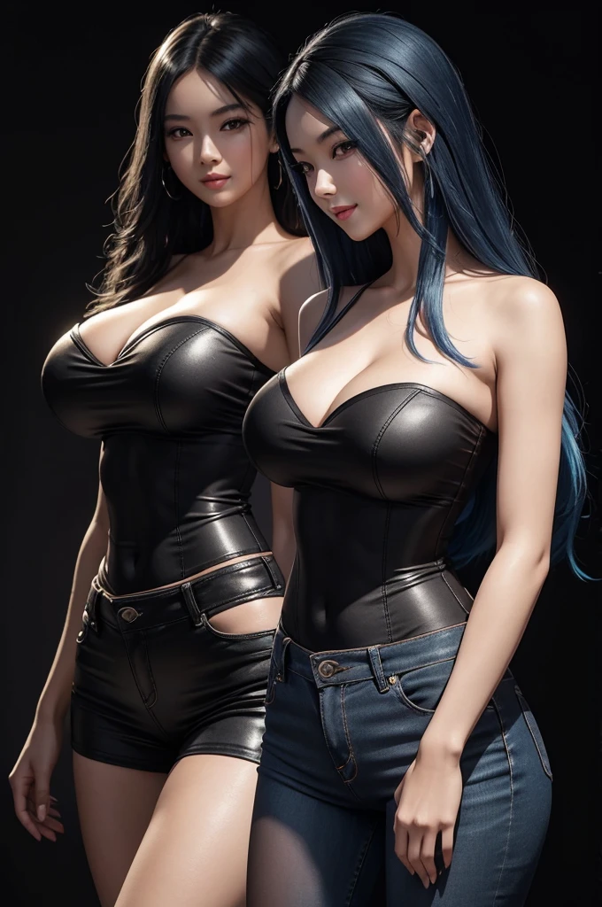 8k, hyper resolution, extremely detailed, A highly detailed, full-body 3D rendering of a realistic beautiful chinese young woman friendly expression, She is standing confidently, smiling, She has long bluehair, wavy and shiny hair that frames her face. She wore a strapless tight black tanktop. very big breast, wearing tight short tight fashionable jeans that accentuated her slim body, wearing black high heels. black background, drawing attention to its cheerful and elegant appearance. Her skin is smooth, naturally glowing and healthy, and her eyes are bright and expressive. The overall style is a mix of realism and a hint of cartoon features, giving it a lively look. use soft photography lighting.