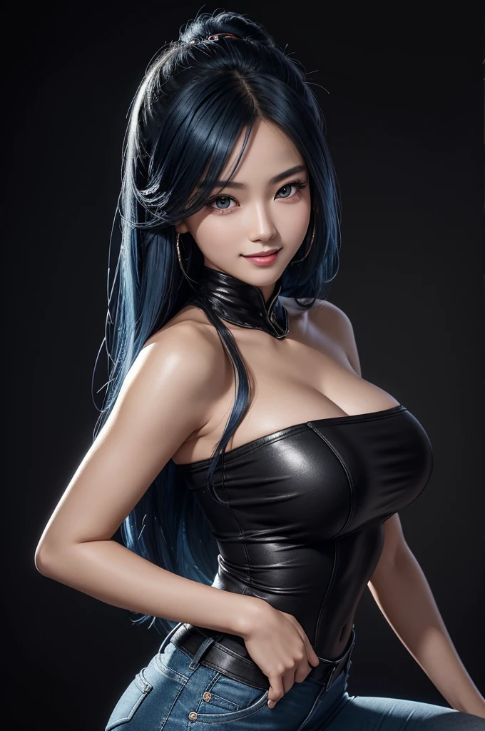 8k, hyper resolution, extremely detailed, A highly detailed, full-body 3D rendering of a realistic beautiful chinese young woman friendly expression, She is standing confidently, smiling, She has long bluehair, wavy and shiny hair that frames her face. She wore a strapless tight black tanktop. very big breast, wearing tight short tight fashionable jeans that accentuated her slim body, wearing black high heels. black background, drawing attention to its cheerful and elegant appearance. Her skin is smooth, naturally glowing and healthy, and her eyes are bright and expressive. The overall style is a mix of realism and a hint of cartoon features, giving it a lively look. use soft photography lighting.