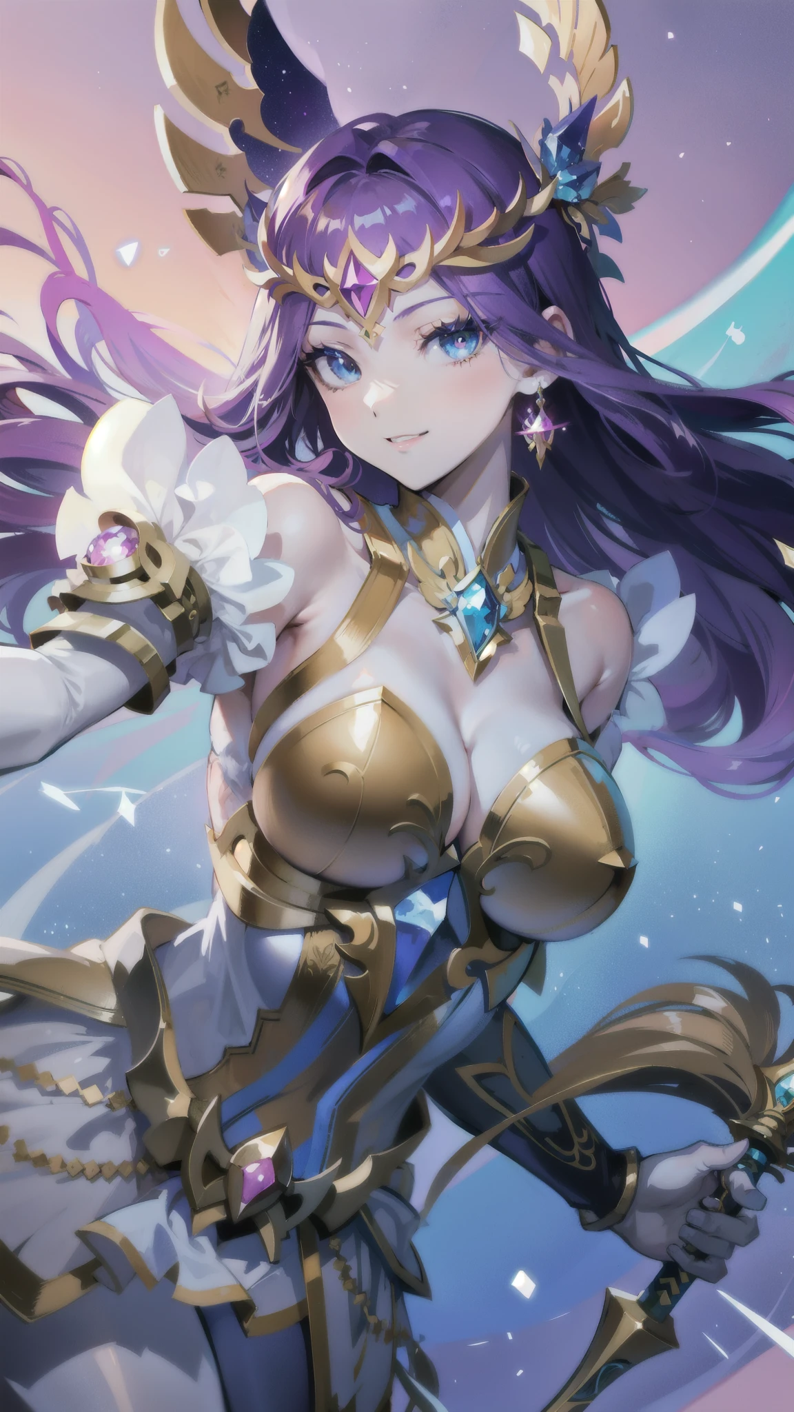 odette from mobile legends, ballerina, virgo zodiac theme, sexy slender body, big breasts, beautiful anime face looking at camera, thin smile, happy expression, holding a zodiac themed staff, wearing virgo zodiac shirt, anime art style, two-dimensional character, virgo galaxy zodiac background