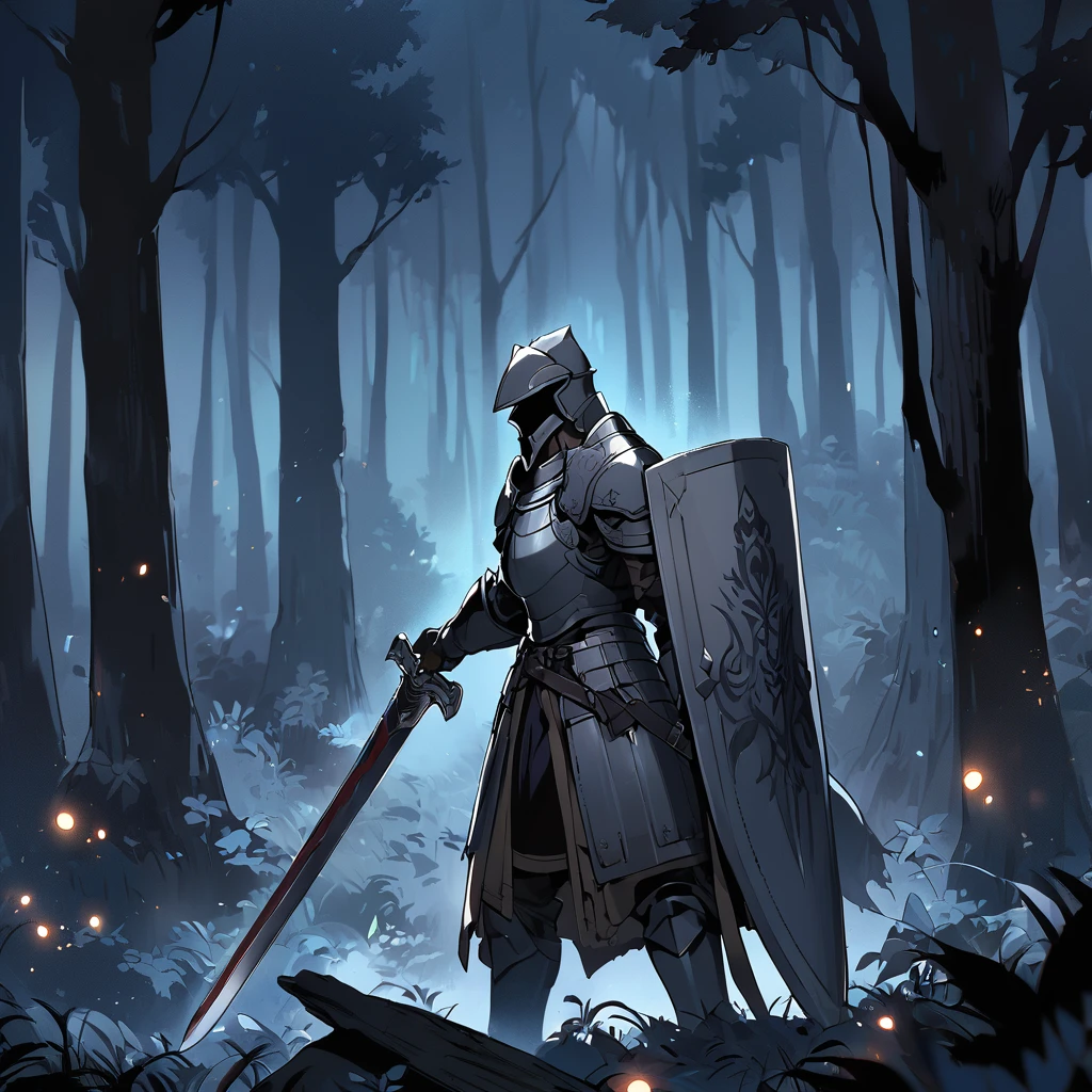 Man wearing armor using sword and shield in a forest at night.
