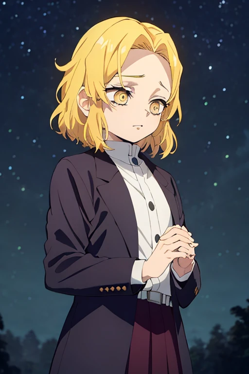 estilo kimetsu no yaiba, 1 garota, Sozinho, cabelo castanho claro, medium hair, testa, Messy hair, olhos castanhos claro, bolsas sob os olhos, apertando os olhos, neutro, seios pequenos, demon slayer uniform, casaco preto, button-down jacket, tronco, olhando para o espectador, Starry sky, noite, scenario, constellations, Obra de arte, melhor qualidade, 8K, CABELO DE COR ESCURA