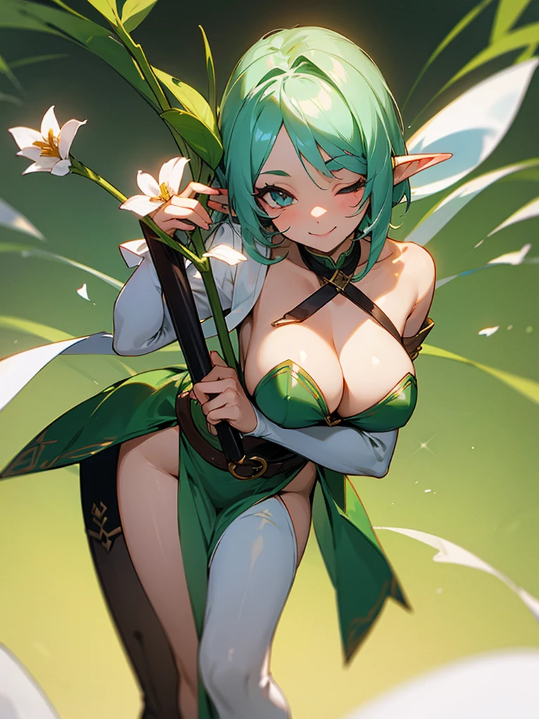 A sexy elf girl, holding a flower in her hand, smiles with her one eye closed, slightly bent over, holding flower