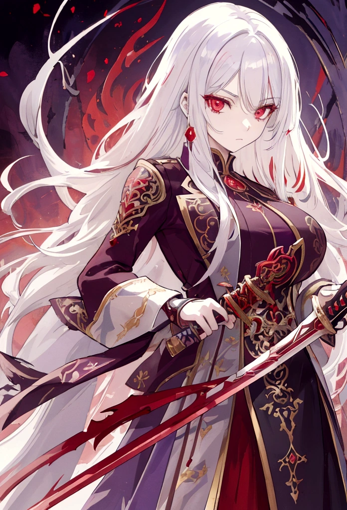 a woman with white hair and red streaks, neutral facial expression, detailed red eyes, holding a large ornate purple sword, detailed eyes, extremely detailed sword, cinematic dramatic lighting, fantasy, concept art
