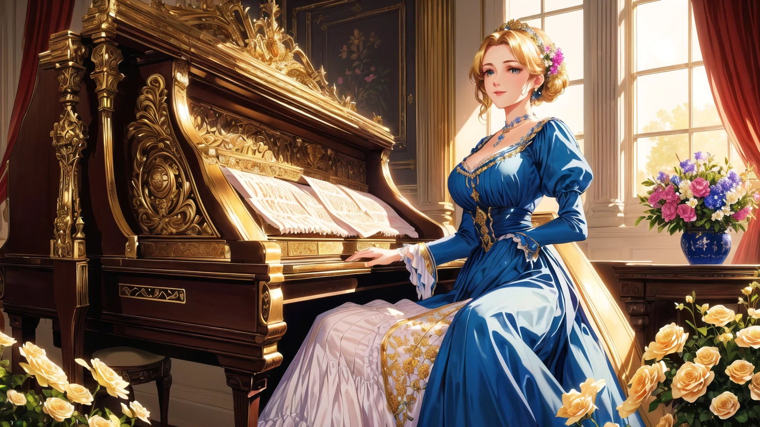 A beutiful realistic scene of a single haughty lady in a blue old fashioned dress; the background is large and vintage, a ancient house with a golden piano and a lot of flowers; masterpiece; ultra hd, 4k