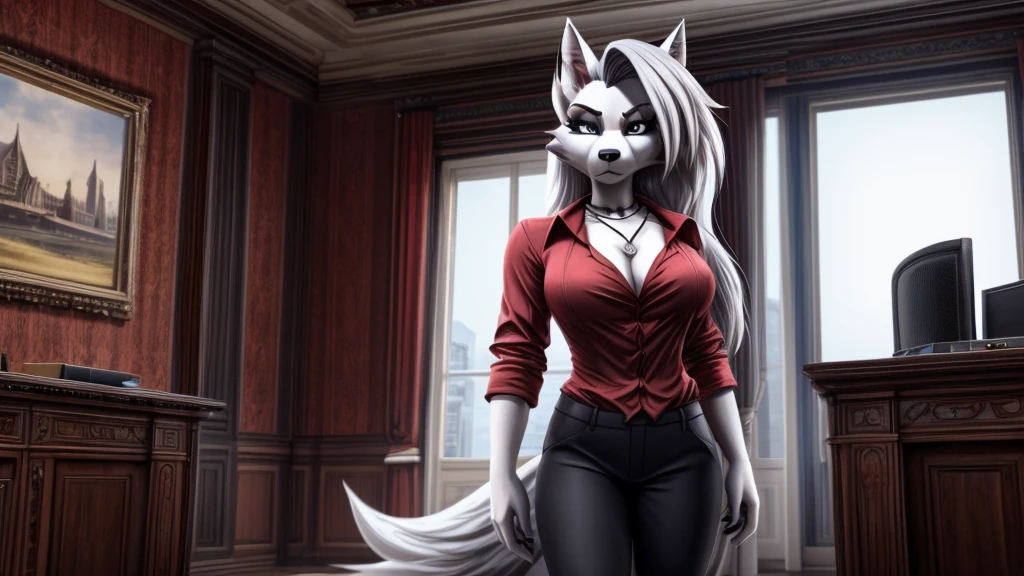Loona from Helluva Boss, white female wolf, short fluffy white hair, grey eyes, mature adult, red blouse, black pants, inside a office, mansion, half moon necklace, standing, cold stare, detailed, solo, beautiful, high quality, 4K