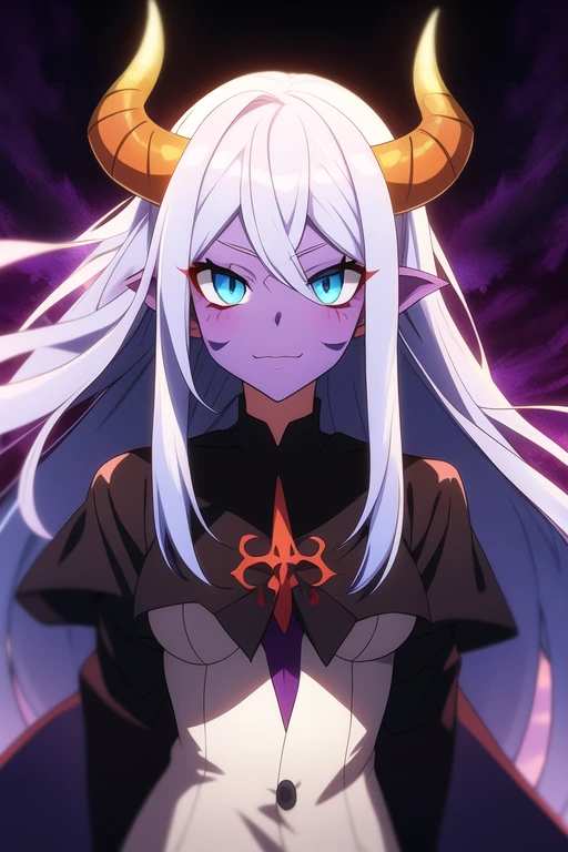 anime female demon with purple skin, long white hair, blue and amber eyes, and demon horns