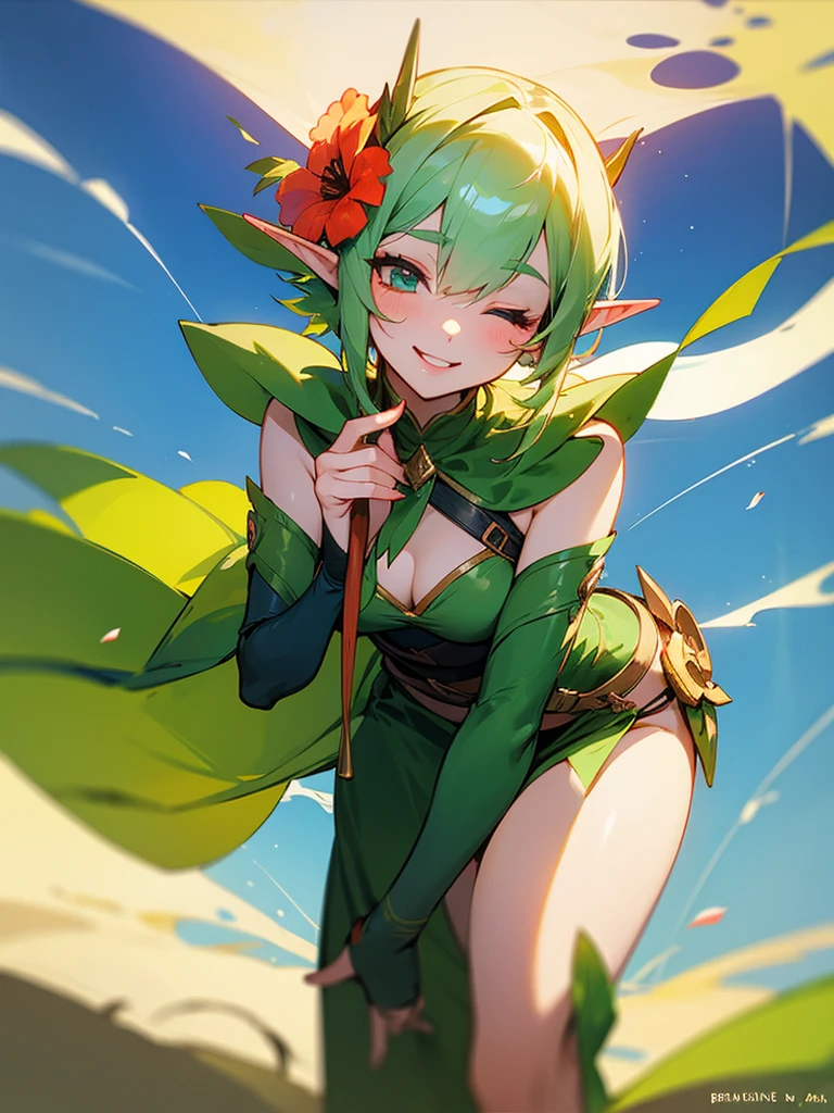 A sexy elf girl, holding a flower in her hand, smiles with her one eye closed, slightly bent over, looks like she's saying thank you, holding flower