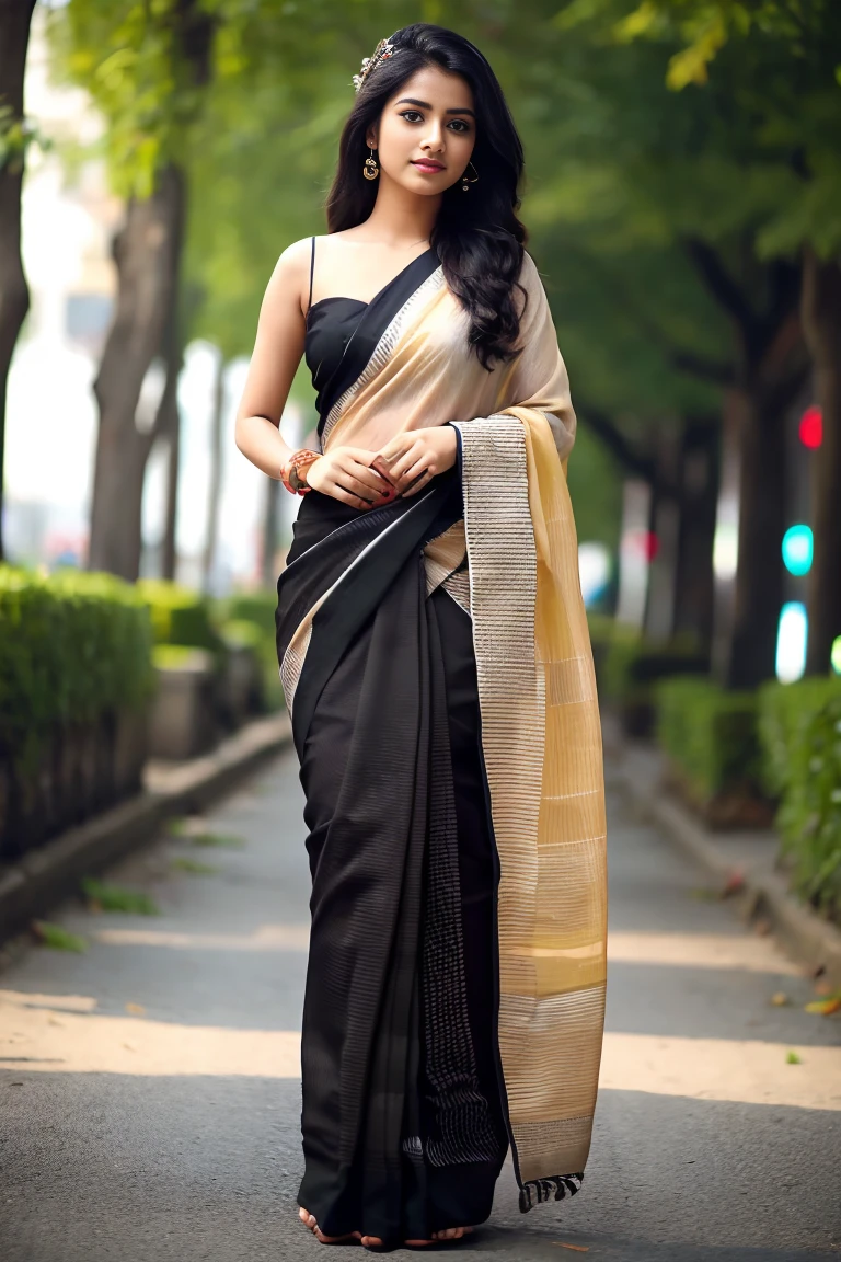 Bangladeshi 22 years old beautiful  girl, wear black colour saree, urban road 