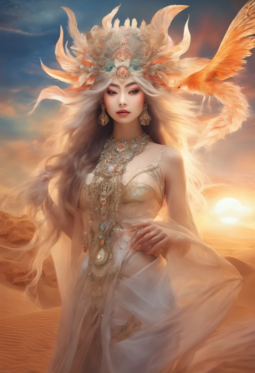 best quality,masterpiece,Ultra-high resolution,(photoactual:1.4),beautiful_Face,Twenty-five-year-old oriental nine-tailed demon fox woman,bright eyes,cleavage,Long silver hair above the waist,Dressing in desert style,In the desert palace,Dance performance