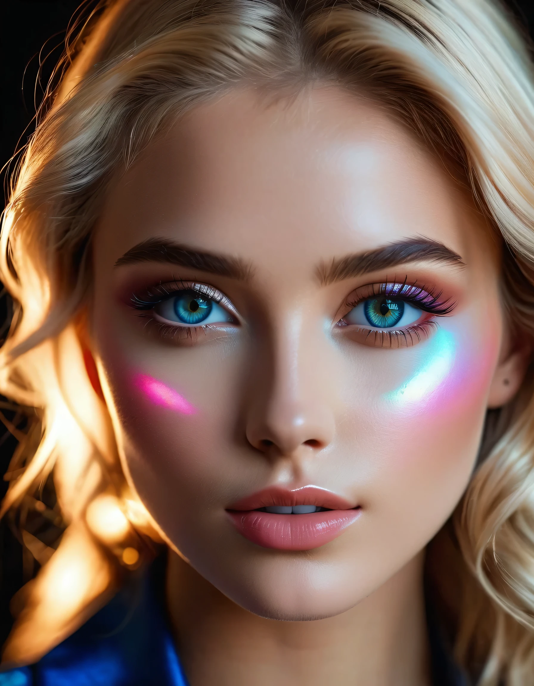 photorealistic Realism 16K Quality: (((Ultra high resolution absurd quality), extremely detailed details, realistic eyes, clearly sharp, absurd quality, no blur perfect eyes)), ([eye|long(lashes)|perfect(eyeshadows)]:[brown:1.35|\blue\|pink]), (super Detailed, beautiful little nose:1.2), (perfect composition), Depth of field, cinematic light, Lens flare, (extremely beautiful face, beautiful lips , Beautiful eyes), Intricate detail face, best high quality real texture skin:1.3, A woman with velvety skin:1.33), ((best high quality real texture hair)), (short blonde hair, (wavy, combed up, behind the ear), extremely detailed:1.38)), photo of the most beautiful artwork in the world, professional majestic (photography by Steve McCurry), 8k uhd, dslr, soft lighting, high quality, Fujifilm XT3 sharp focus, f 5.6, dramatic, (Anatomically correct perfect proportions), ((perfect hands:1.2)), (Super beautiful face: 1.33), ((perfect female body:1.4)), cute girl, ((firm and full breasts)), (the most absurd quality perfect eyes:1.35), ((super beautiful cute sharp-face)), (light pale complexion), transparent color pvc (Super Shiny Transparent Fluorescent Hologram Colorful$#$%! PVC Soft Full Bodysuit:1.36) , Ultra-tight fit bodysuit with super reflective surfaces, ((close to her face:1.3))