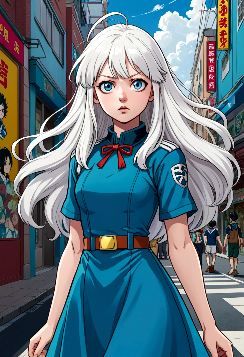 Captura de pantalla de my hero academia anime.
Pale skinned girl with white hair, lacio y muy largo, con flequillo tipo coreano y dos antenas en su cabeza de color azul celeste. Completely white eyes and curious expression with the Hero U High .A comprando ropa y vestidos en el centro comercial.