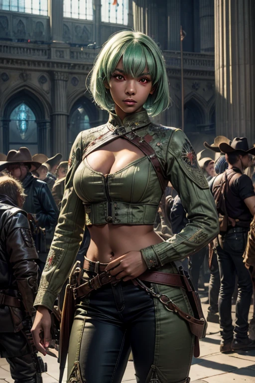 emeraldsustrai, emerald sustrai, short hair, (red eyes:1.5), green hair, dark skin, dark-skinned female, BREAK navel, cleavage, midriff, belt, cleavage cutout, chaps, hand on hip, BREAK outside palace, floor, marble pillars, tall stained glass windows, BREAK courtyard, large crowd, (((crowd in military dress))), (volumetric lighting), intricate details, tonemapping, sharp focus, hyper detailed, (cowboy shot:1.5), BREAK (masterpiece:1.2), best quality, high resolution, unity 8k wallpaper, (illustration:0.8), (beautiful detailed eyes:1.6), extremely detailed face, perfect lighting, extremely detailed CG, (perfect hands, perfect anatomy),