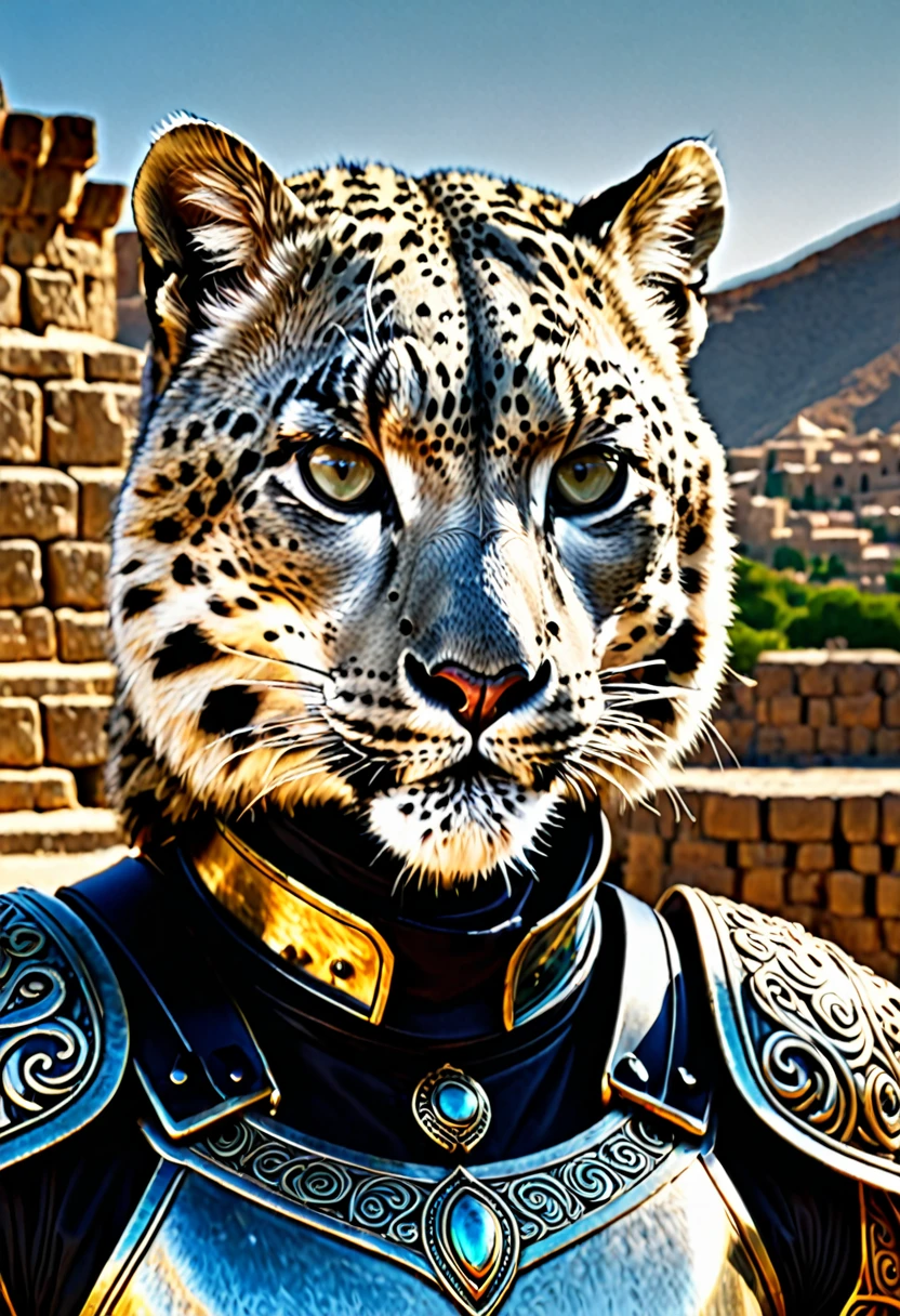 Here is the Portuguese translation:

((not a human, angry male snow leopard in epic egyptian armor,a worn-out hood with runes and a highly technological helmet)), (olhos  brilhantes), foto crua, (landscape with a stunningly epic skyline of ancient valley and a temple), obra-prima, Nordic, , Melhor qualidade, dynamic position, ultra detalhado, Placas de metal, ferrugem, corpo inteiro, rastro de luz, dramatic lighting, tom vermelho, cabelo curto, Fotorrealista, Ultrarrealista, hiper-detalhado, analog style, soft lighting, espalhamento subsuperficial, Realista, Sombra pesada, obra-prima, Melhor qualidade, ultra Realista, 8K, alto detalhe, analog photography, foco suave, (Close-up de frente a frente)