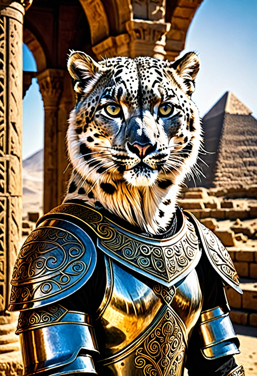 Here is the Portuguese translation:

((not a human, angry male snow leopard in epic egyptian armor,a worn-out hood with runes and a highly technological helmet)), (olhos  brilhantes), foto crua, (landscape with a stunningly epic skyline of ancient valley and a temple), obra-prima, Nordic, , Melhor qualidade, dynamic position, ultra detalhado, Placas de metal, ferrugem, corpo inteiro, rastro de luz, dramatic lighting, tom vermelho, cabelo curto, Fotorrealista, Ultrarrealista, hiper-detalhado, analog style, soft lighting, espalhamento subsuperficial, Realista, Sombra pesada, obra-prima, Melhor qualidade, ultra Realista, 8K, alto detalhe, analog photography, foco suave, (Close-up de frente a frente)
