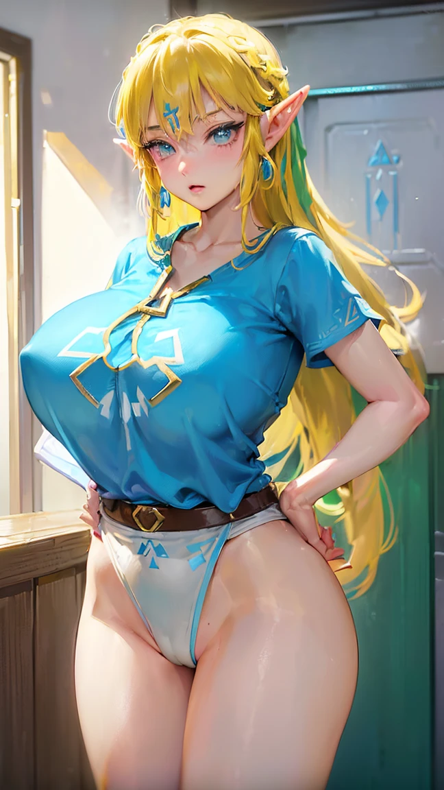 (((link(the legend of the zelda))),((gender bender,yellow hair,blue_eyes,cowboy shot,hair between eyes)),((link(the legend of the zelda) is a and lewdyears old,gigantic clothing))