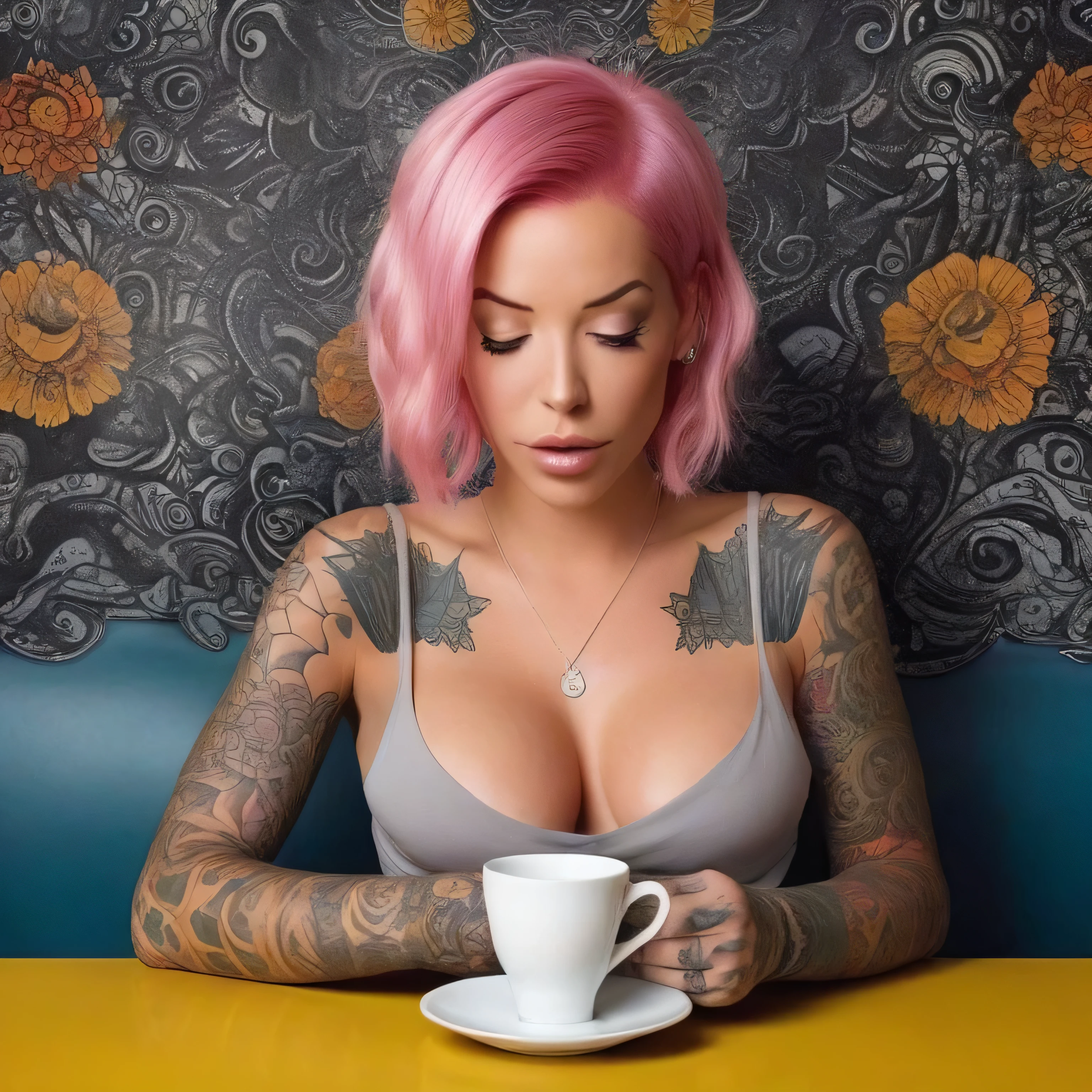 Imagine Laurence Bedard reclining on a plush velvet sofa in a cozy coffee shop, her pink hair framing her captivating features. As she sips her espresso, the sleeve of her tattooed arm peeks out from beneath her sleeve, hinting at the intricate designs that adorn her skin. The aroma of freshly ground coffee mixes with the sight of her mesmerizing ink, creating a sensory experience like no other.