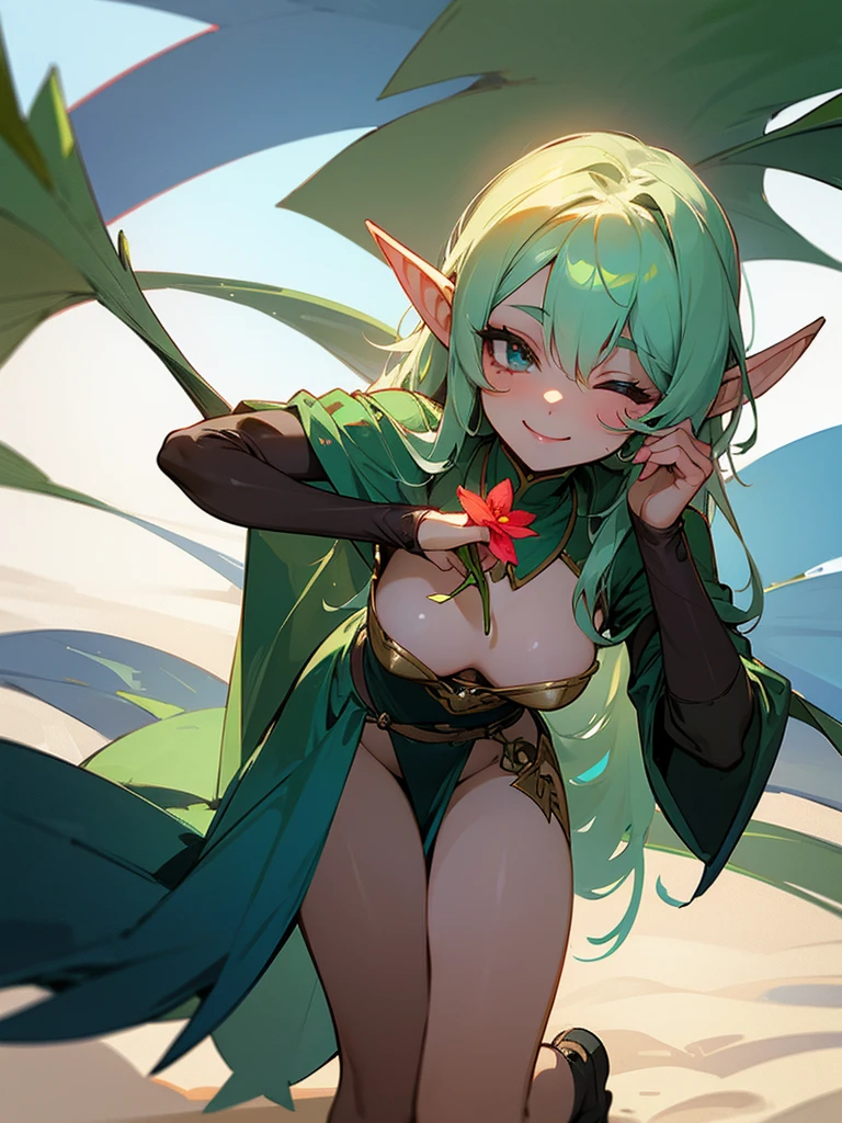 A sexy elf girl, holding a flower in her hand, smiles with her one eye closed, slightly bent over,