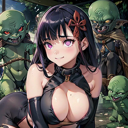 masterpiece, ((goblinriding, a goblin is riding a girl,)) goblin, mutiple goblins, goblins, (all fours), 1girl, (military:1.1), (nose hook), reins, collar, chain, rope, obey, happy trance, smile, expressionless, emotionless, blank eyes, empty eyes, mind control, (((pixel-perfect, detail-perfect))), solo, 1girl, hair ornaments, long hair, black hair, purple eyes, huge breast, collar, obey, yamashiro ren
