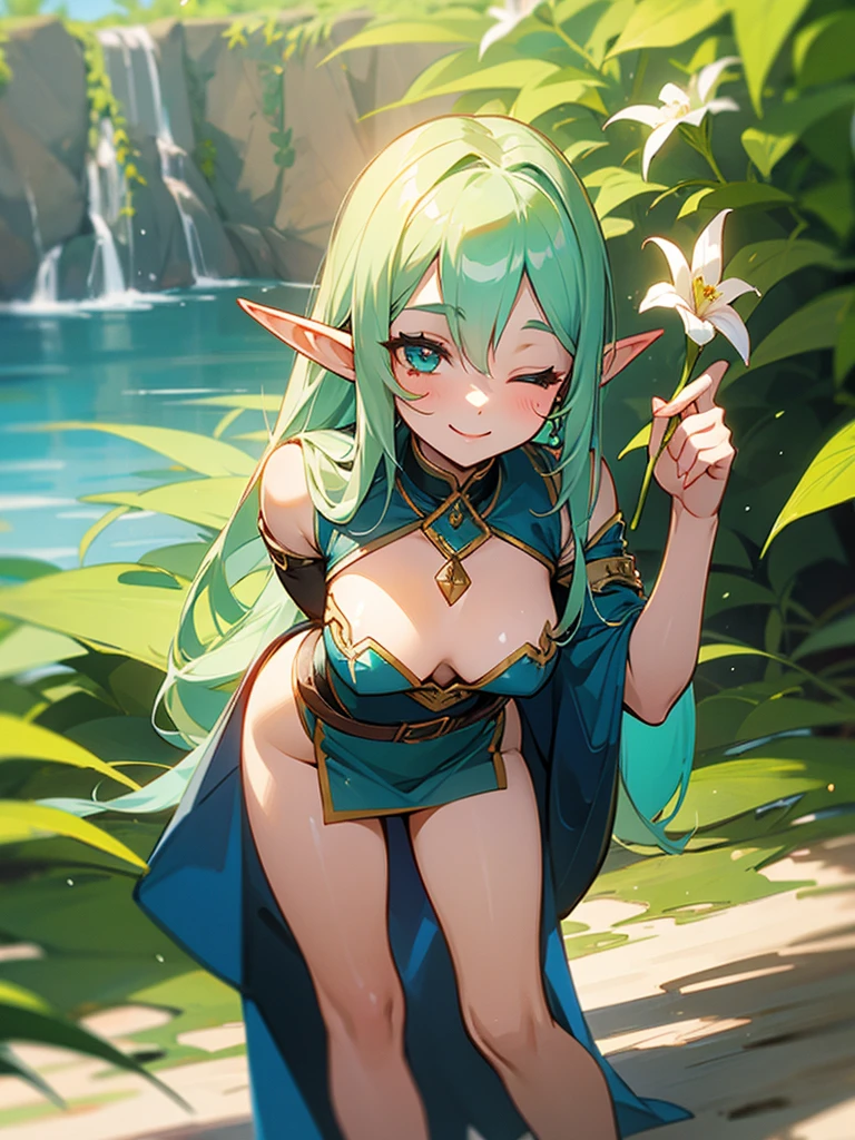 A sexy elf girl, holding a flower in her hand, smiles with her one eye closed, slightly bent over, looks like she's saying thank you