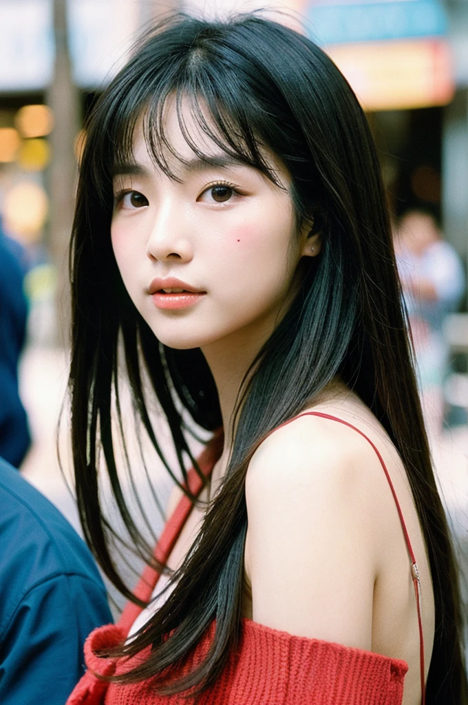 Photo of a beautiful korean kpop idol woman, verano, libidinoso, film grain, Ilford HP5, 80mm