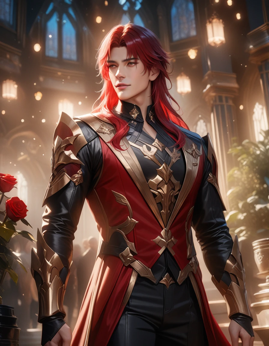 Argenti of Honkai star Rail, beautiful boy with long red hair wearing a elegant clothes, holding a red rose, standing in a garden with Honkai Star Rail architecture in the background, cinematic lighting, highly detailed, photorealistic, 8k, (best quality, 4k, 8k, highres, masterpiece:1.2), ultra-detailed, (realistic, photorealistic, photo-realistic:1.37), HDR, UHD, studio lighting, ultra-fine painting, sharp focus, physically-based rendering, extreme detail description, professional, vivid colors, bokeh