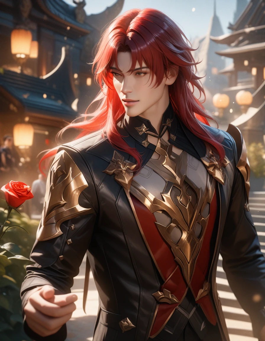 Argenti of Honkai star Rail, beautiful boy with long red hair wearing a elegant clothes, holding a red rose, standing in a garden with Honkai Star Rail architecture in the background, cinematic lighting, highly detailed, photorealistic, 8k, (best quality, 4k, 8k, highres, masterpiece:1.2), ultra-detailed, (realistic, photorealistic, photo-realistic:1.37), HDR, UHD, studio lighting, ultra-fine painting, sharp focus, physically-based rendering, extreme detail description, professional, vivid colors, bokeh