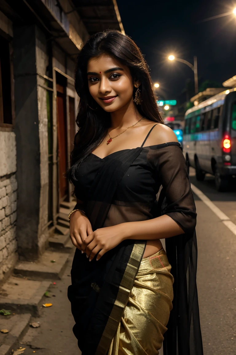 Bangladeshi 22 years old beautiful girl, wear black colour saree, urban road best quality, masterpiece, ultra high res, photorealistic, 1girl, offshoulder, smile